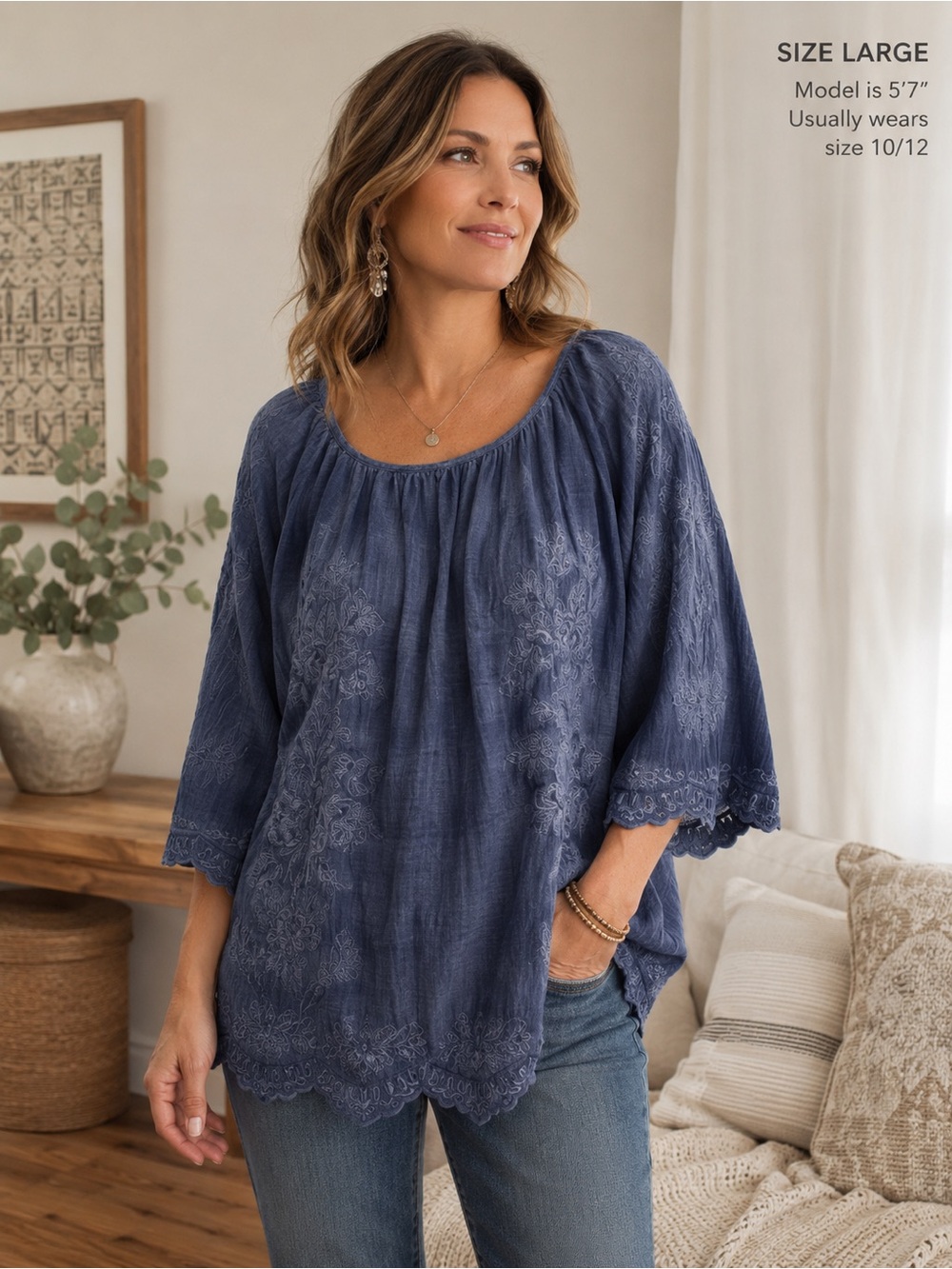 Indigo Thread Co Blue Embroidered Peasant Blouse Boho Cottagecore L